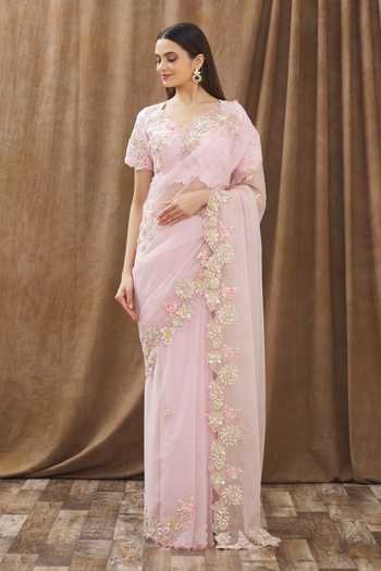 Gaurav katta_Pink Organza Pearl, Sequin And Beads, Thread Round Embroidered Saree With Blouse _Online_at_Aza_Fashions