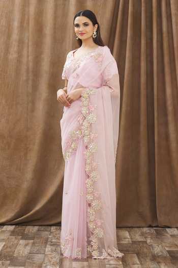 Buy_Gaurav katta_Pink Organza Pearl, Sequin And Beads, Thread Round Embroidered Saree With Blouse _Online_at_Aza_Fashions