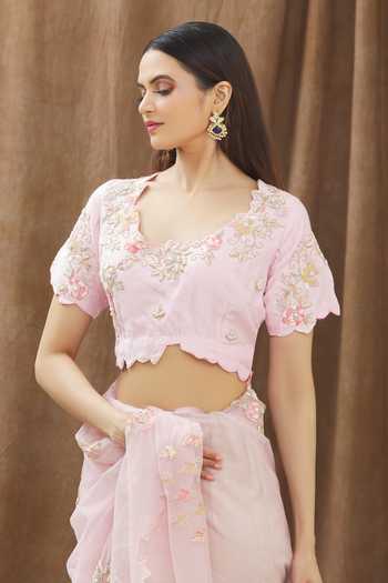 Shop_Gaurav katta_Pink Organza Pearl, Sequin And Beads, Thread Round Embroidered Saree With Blouse _Online_at_Aza_Fashions