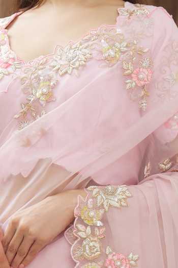 Gaurav katta_Pink Organza Pearl, Sequin And Beads, Thread Round Embroidered Saree With Blouse _at_Aza_Fashions