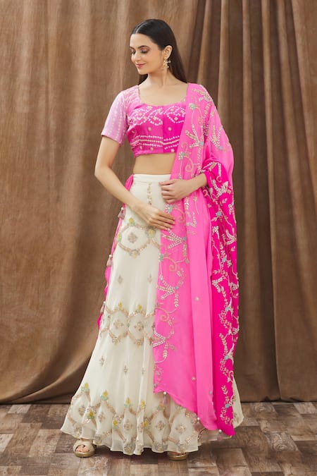 Gaurav Katta_Beige Georgette Bandhani Print, Pearl, Sequin And Beads, Embroidered Lehenga Set _Online_at_Aza_Fashions