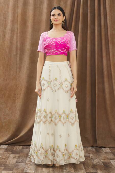 Buy_Gaurav Katta_Beige Georgette Bandhani Print, Pearl, Sequin And Beads, Embroidered Lehenga Set _Online_at_Aza_Fashions