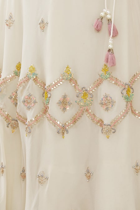 Gaurav Katta_Beige Georgette Bandhani Print, Pearl, Sequin And Beads, Embroidered Lehenga Set _at_Aza_Fashions