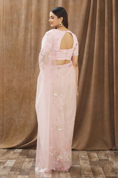Shop Gaurav Katta Pink Organza, Moda Silk Floral, Pearl, Thread, Embroidered Saree With Blouse at Aza Fashions Shop_Gaurav Katta_Pink Organza, Moda Silk Floral, Pearl, Thread, Embroidered Saree With Blouse _at_Aza_Fashions