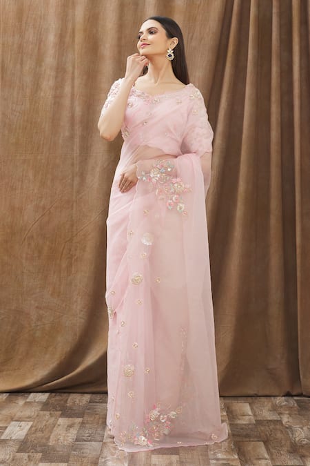 Gaurav Katta Pink Organza, Moda Silk Floral, Pearl, Thread, Embroidered Saree With Blouse Online at Aza Fashions Gaurav Katta_Pink Organza, Moda Silk Floral, Pearl, Thread, Embroidered Saree With Blouse _Online_at_Aza_Fashions