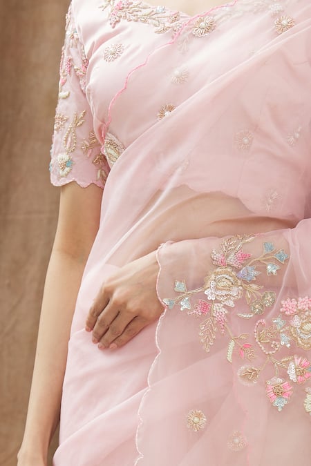 Gaurav Katta Pink Organza, Moda Silk Floral, Pearl, Thread, Embroidered Saree With Blouse at Aza Fashions Gaurav Katta_Pink Organza, Moda Silk Floral, Pearl, Thread, Embroidered Saree With Blouse _at_Aza_Fashions