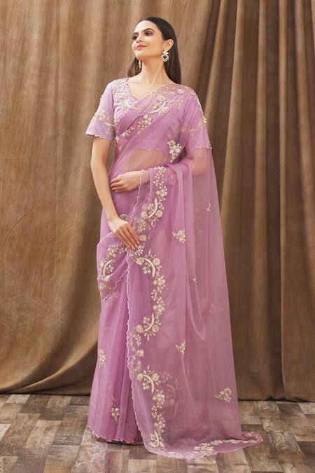 Gaurav Katta_Purple Organza, Moda Silk Floral, Pearl, Thread, Embroidered Saree With Blouse _Online_at_Aza_Fashions