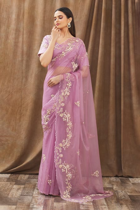 Buy_Gaurav Katta_Purple Organza, Moda Silk Floral, Pearl, Thread, Embroidered Saree With Blouse _Online_at_Aza_Fashions