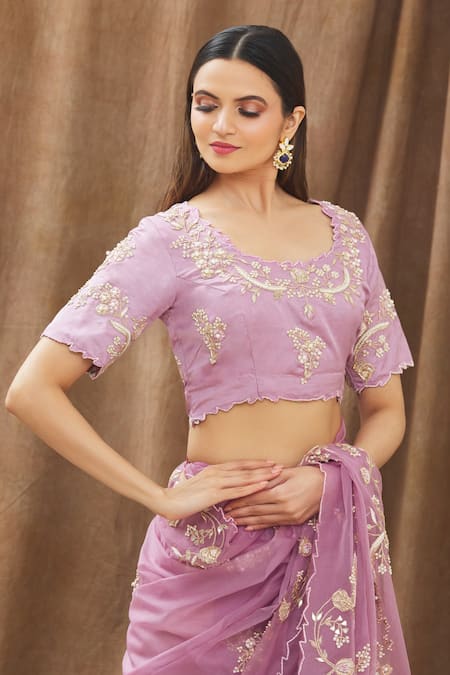 Shop_Gaurav Katta_Purple Organza, Moda Silk Floral, Pearl, Thread, Embroidered Saree With Blouse _Online_at_Aza_Fashions