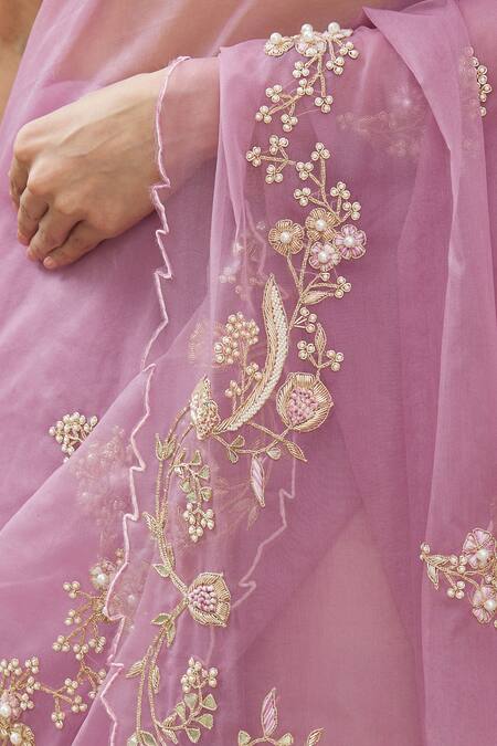 Gaurav Katta_Purple Organza, Moda Silk Floral, Pearl, Thread, Embroidered Saree With Blouse _at_Aza_Fashions