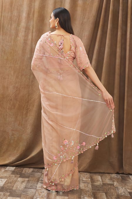 Shop Gaurav Katta Peach Organza, Moda Silk Floral, Pearl, Thread, Embroidered Saree With Blouse at Aza Fashions Shop_Gaurav Katta_Peach Organza, Moda Silk Floral, Pearl, Thread, Embroidered Saree With Blouse _at_Aza_Fashions