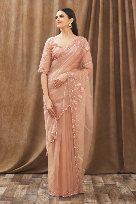 Gaurav Katta Peach Organza, Moda Silk Floral, Pearl, Thread, Embroidered Saree With Blouse Online at Aza Fashions Gaurav Katta_Peach Organza, Moda Silk Floral, Pearl, Thread, Embroidered Saree With Blouse _Online_at_Aza_Fashions