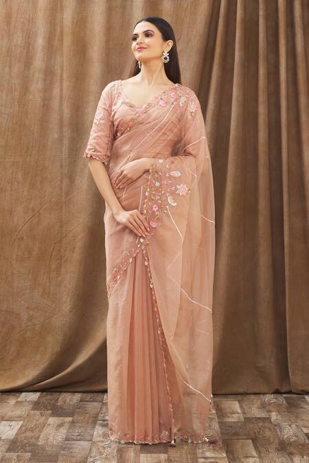 Buy Gaurav Katta Peach Organza, Moda Silk Floral, Pearl, Thread, Embroidered Saree With Blouse Online at Aza Fashions Buy_Gaurav Katta_Peach Organza, Moda Silk Floral, Pearl, Thread, Embroidered Saree With Blouse _Online_at_Aza_Fashions