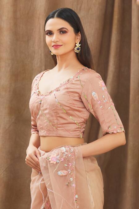 Shop Gaurav Katta Peach Organza, Moda Silk Floral, Pearl, Thread, Embroidered Saree With Blouse Online at Aza Fashions Shop_Gaurav Katta_Peach Organza, Moda Silk Floral, Pearl, Thread, Embroidered Saree With Blouse _Online_at_Aza_Fashions