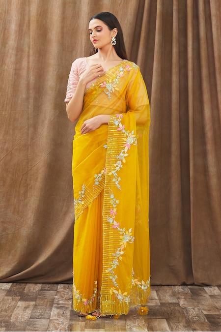 Buy Corn Yellow Organza Saree With Floral Print, Moti Embroidered Border,  And An Unstitched Blouse