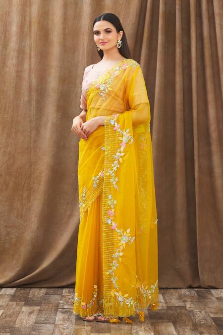 Buy_Gaurav Katta_Yellow Organza, Moda Silk Floral, Pearl, Thread, Embroidered Saree With Blouse _Online_at_Aza_Fashions
