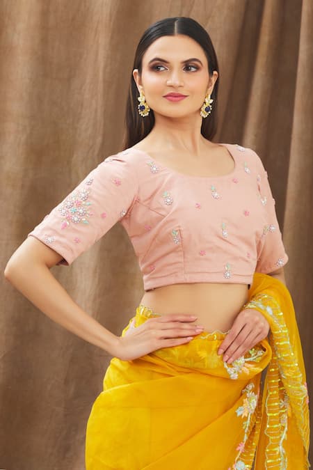 Shop_Gaurav Katta_Yellow Organza, Moda Silk Floral, Pearl, Thread, Embroidered Saree With Blouse _Online_at_Aza_Fashions