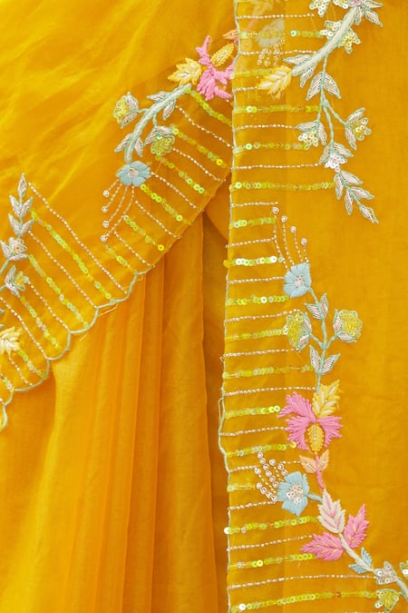 Gaurav Katta_Yellow Organza, Moda Silk Floral, Pearl, Thread, Embroidered Saree With Blouse _at_Aza_Fashions