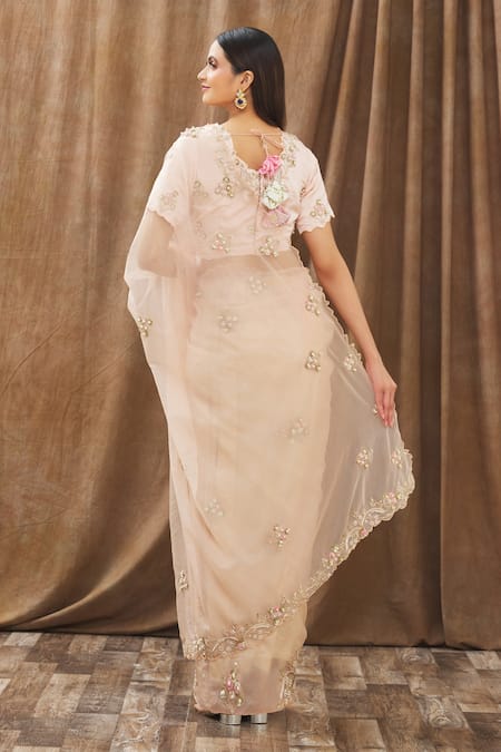 Shop Gaurav Katta Peach Organza, Moda Silk Floral, Pearl, Thread, Embroidered Saree With Blouse at Aza Fashions Shop_Gaurav Katta_Peach Organza, Moda Silk Floral, Pearl, Thread, Embroidered Saree With Blouse _at_Aza_Fashions