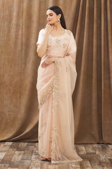 Gaurav Katta Peach Organza, Moda Silk Floral, Pearl, Thread, Embroidered Saree With Blouse Online at Aza Fashions Gaurav Katta_Peach Organza, Moda Silk Floral, Pearl, Thread, Embroidered Saree With Blouse _Online_at_Aza_Fashions