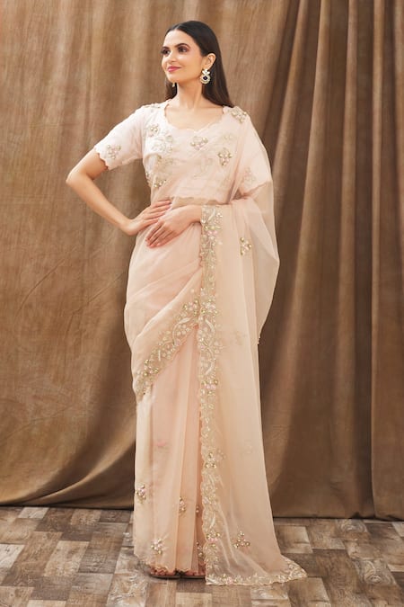 Buy Gaurav Katta Peach Organza, Moda Silk Floral, Pearl, Thread, Embroidered Saree With Blouse Online at Aza Fashions Buy_Gaurav Katta_Peach Organza, Moda Silk Floral, Pearl, Thread, Embroidered Saree With Blouse _Online_at_Aza_Fashions