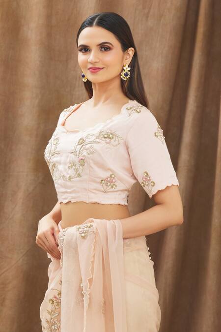 Shop Gaurav Katta Peach Organza, Moda Silk Floral, Pearl, Thread, Embroidered Saree With Blouse Online at Aza Fashions Shop_Gaurav Katta_Peach Organza, Moda Silk Floral, Pearl, Thread, Embroidered Saree With Blouse _Online_at_Aza_Fashions