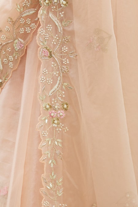 Gaurav Katta Peach Organza, Moda Silk Floral, Pearl, Thread, Embroidered Saree With Blouse at Aza Fashions Gaurav Katta_Peach Organza, Moda Silk Floral, Pearl, Thread, Embroidered Saree With Blouse _at_Aza_Fashions