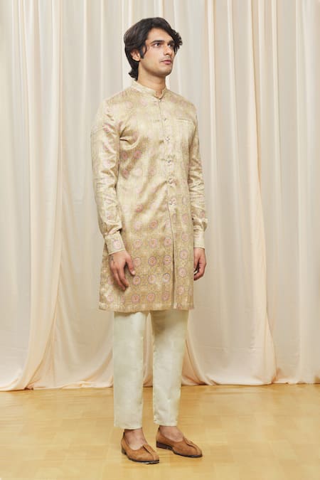 Gaurav Katta_Beige Cotton Silk Floral Print Kurta_Online_at_Aza_Fashions