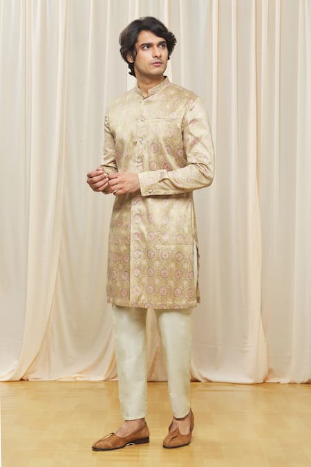 Buy_Gaurav Katta_Beige Cotton Silk Floral Print Kurta_Online_at_Aza_Fashions