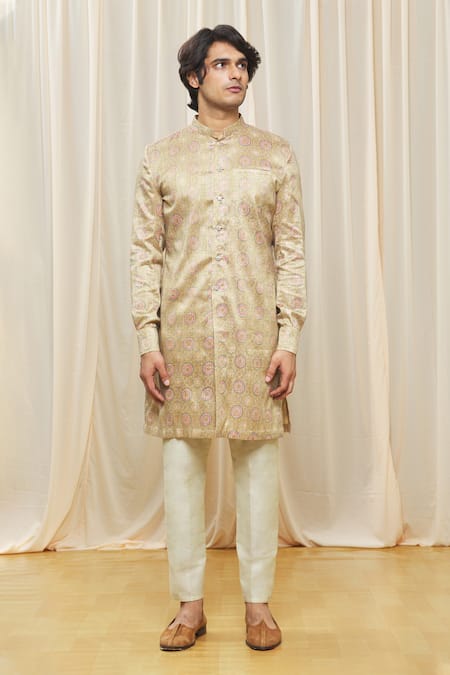 Shop_Gaurav Katta_Beige Cotton Silk Floral Print Kurta_Online_at_Aza_Fashions