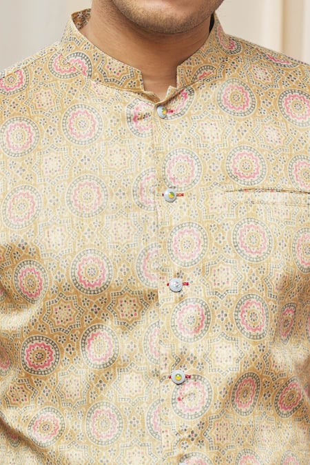 Gaurav Katta_Beige Cotton Silk Floral Print Kurta_at_Aza_Fashions