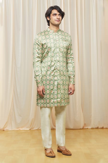 Gaurav Katta_Beige Cotton Silk Floral Print Kurta_Online_at_Aza_Fashions