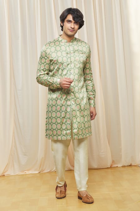 Buy_Gaurav Katta_Beige Cotton Silk Floral Print Kurta_Online_at_Aza_Fashions