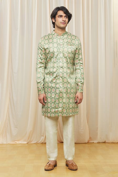 Shop_Gaurav Katta_Beige Cotton Silk Floral Print Kurta_Online_at_Aza_Fashions