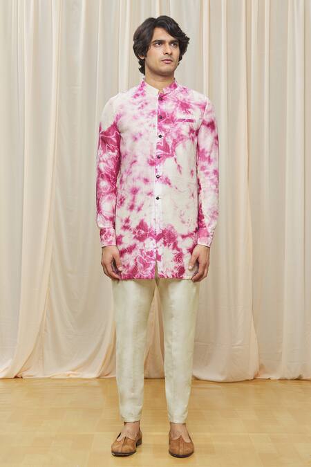 Shop_Gaurav Katta_White Chanderi Tie Dye Short Kurta _Online_at_Aza_Fashions