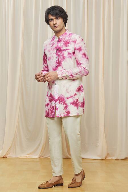 Buy_Gaurav Katta_White Chanderi Tie Dye Short Kurta _Online_at_Aza_Fashions