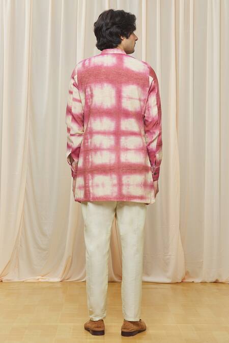 Shop_Gaurav Katta_Beige Chanderi Tie Dye Short Kurta _at_Aza_Fashions