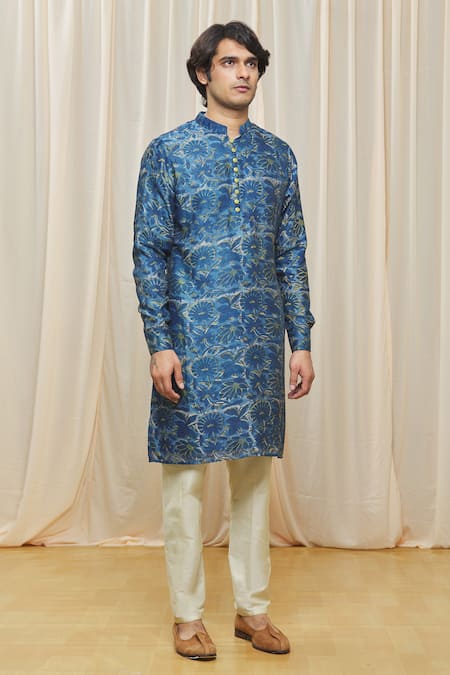 Gaurav Katta Blue Chanderi Printed Floral Kurta Online at Aza Fashions Gaurav Katta_Blue Chanderi Printed Floral Kurta _Online_at_Aza_Fashions