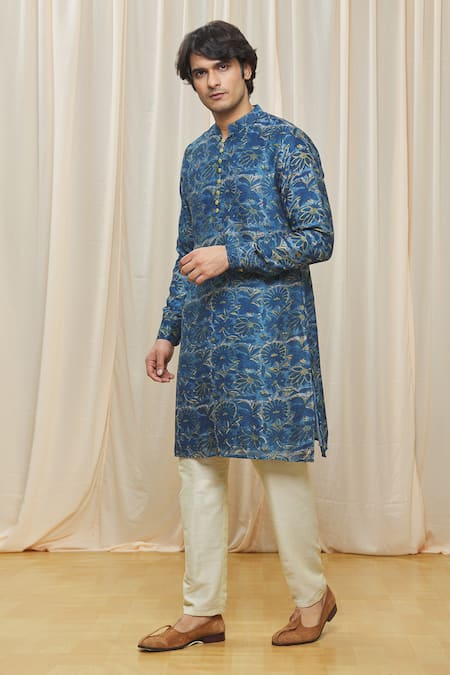 Buy Gaurav Katta Blue Chanderi Printed Floral Kurta Online at Aza Fashions Buy_Gaurav Katta_Blue Chanderi Printed Floral Kurta _Online_at_Aza_Fashions