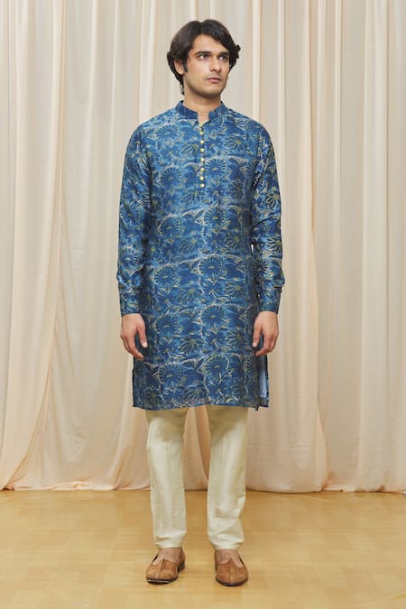 Shop Gaurav Katta Blue Chanderi Printed Floral Kurta Online at Aza Fashions Shop_Gaurav Katta_Blue Chanderi Printed Floral Kurta _Online_at_Aza_Fashions