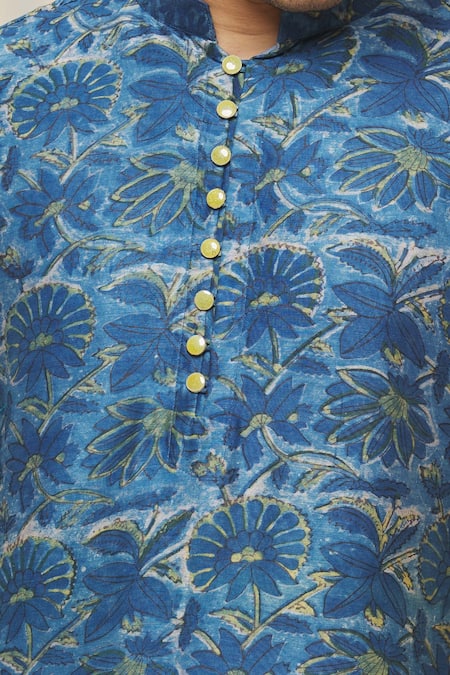 Gaurav Katta Blue Chanderi Printed Floral Kurta at Aza Fashions Gaurav Katta_Blue Chanderi Printed Floral Kurta _at_Aza_Fashions
