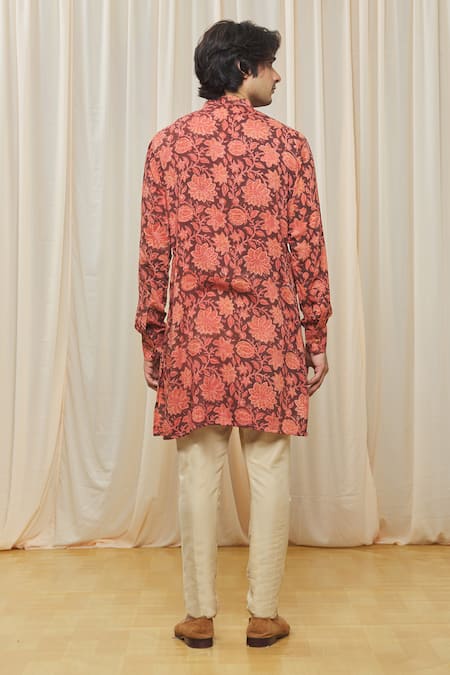 Shop Gaurav Katta Maroon Cotton Printed Floral Kurta at Aza Fashions Shop_Gaurav Katta_Maroon Cotton Printed Floral Kurta _at_Aza_Fashions
