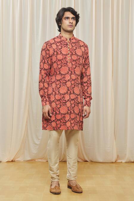 Gaurav Katta Maroon Cotton Printed Floral Kurta Online at Aza Fashions Gaurav Katta_Maroon Cotton Printed Floral Kurta _Online_at_Aza_Fashions