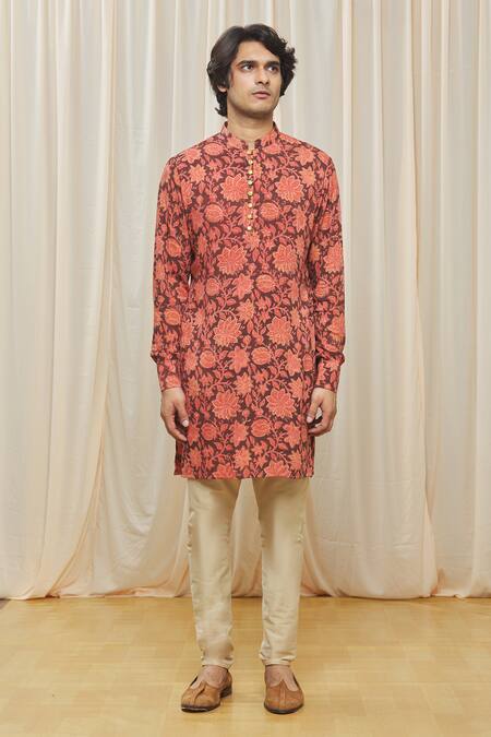 Shop Gaurav Katta Maroon Cotton Printed Floral Kurta Online at Aza Fashions Shop_Gaurav Katta_Maroon Cotton Printed Floral Kurta _Online_at_Aza_Fashions