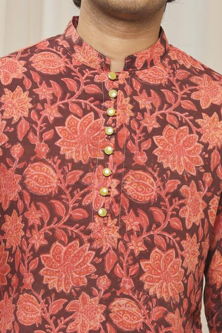 Gaurav Katta Maroon Cotton Printed Floral Kurta at Aza Fashions Gaurav Katta_Maroon Cotton Printed Floral Kurta _at_Aza_Fashions
