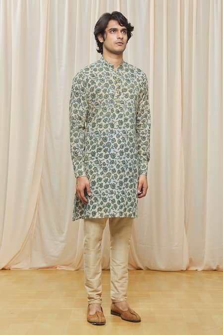 Gaurav Katta_Blue Cotton Floral Print Kurta_Online_at_Aza_Fashions