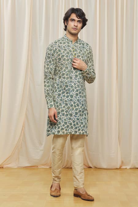 Buy_Gaurav Katta_Blue Cotton Floral Print Kurta_Online_at_Aza_Fashions