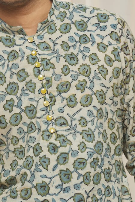 Gaurav Katta_Blue Cotton Floral Print Kurta_at_Aza_Fashions