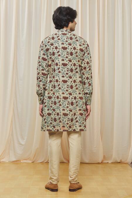 Shop_Gaurav Katta_Beige Cotton Printed Floral Kurta _at_Aza_Fashions