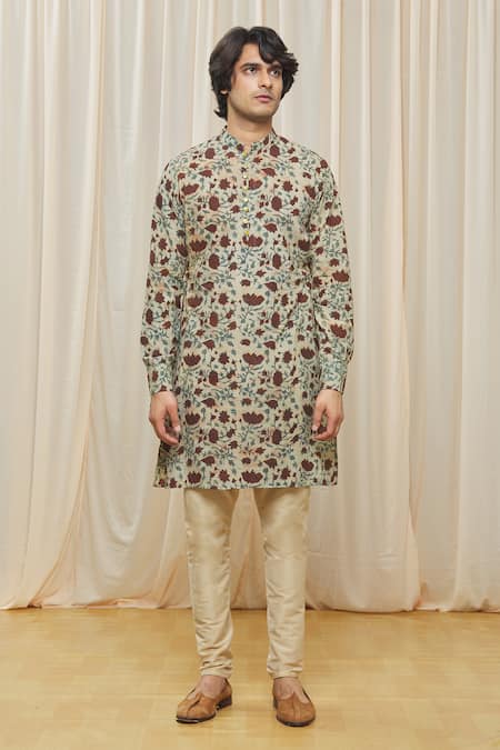 Buy_Gaurav Katta_Beige Cotton Printed Floral Kurta _Online_at_Aza_Fashions